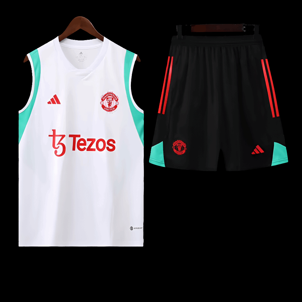 Manchester United White Sleeveless Training Set (With Shorts