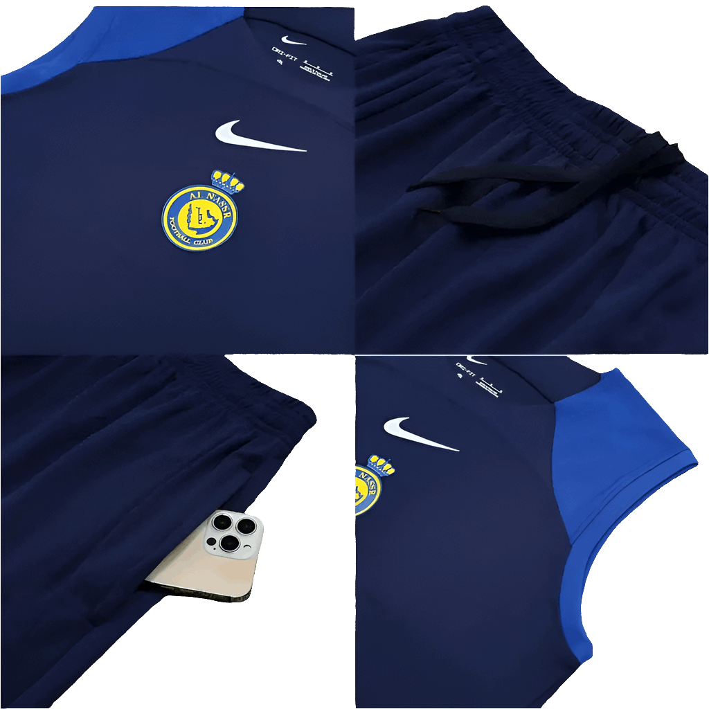 Buy Now Al Nassr Dark Blue Sleeveless Training Set (With Shorts) in India